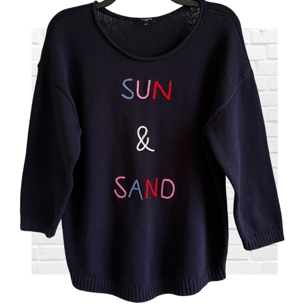 Talbots Sun and Sand Blue Sweater Knit Beach Coastal Nautical Size Large Petite
